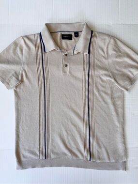 Perry Ellis Men’s Knit Short Sleeve Polo Shirt Size Medium Beige Blue Stripes